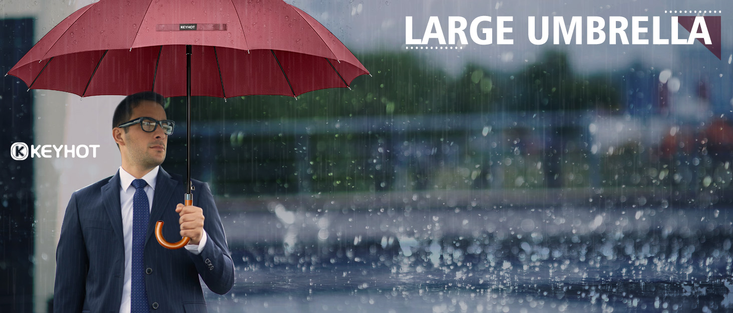 KEYHOT Windproof Umbrella - Large Stick Umbrella with Wooden Handle for Men & Women - 12 Ribs, XL - Burgundy, 118cm