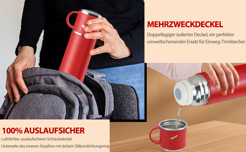 Термос IAGORYUE з нержавіючої сталі, 0.55л, з виливним кришкою та ручкою, подвійні стінки, зберігає тепло/холод до 12 годин, для спорту, офісу, відпочинку на природі (червоний)