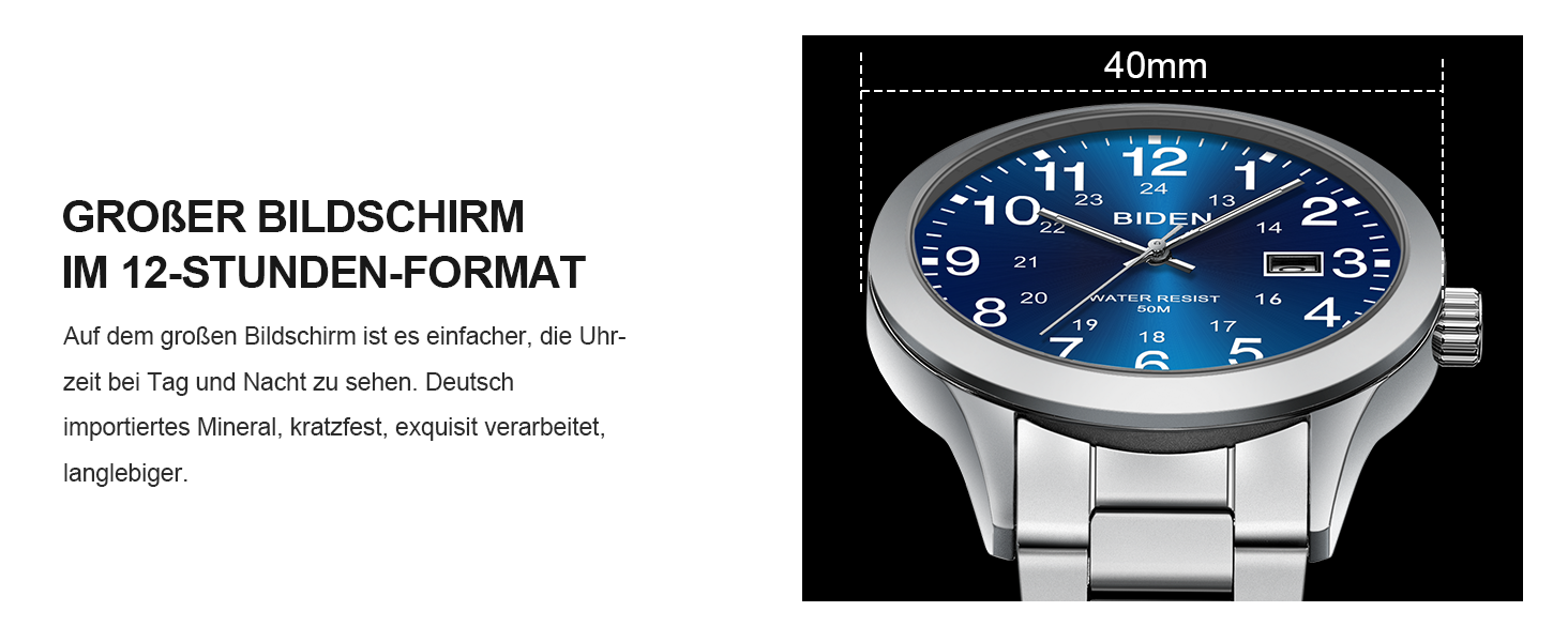 Годинник чоловічий LENQIN з нержавіючої сталі, аналоговий кварцовий годинник на зап'ястя, водостійкий 30M, стильний повсякденний годинник для чоловіків (01 - Сріблястий/Синій)