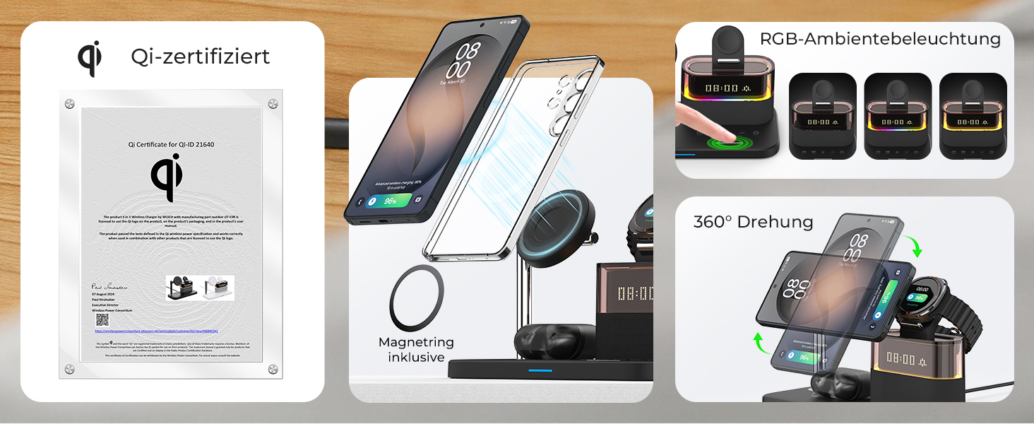 Бездротова зарядна станція 3 в 1 для Samsung Galaxy S25/S24/S23/S22 з магнітним кільцем, швидкий зарядний пристрій з будильником та нічним світлом, адаптер QC 3.0 у комплекті (Чорний)