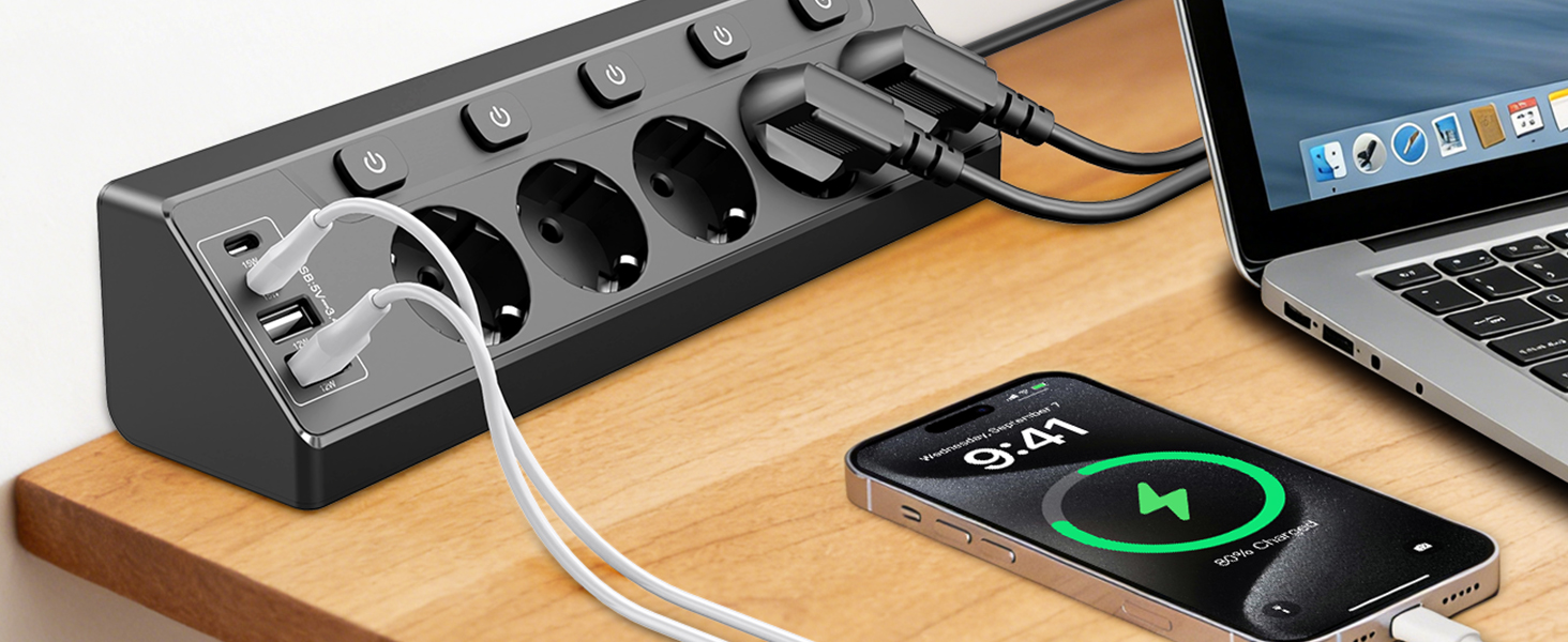 Розподільник розеток з незалежним вимикачем, мережевий фільтр з 4 USB (2 USB-C) + 5 розеток з дитячим захистом, 3680W, 2м подовжувач для кухні, офісу, дому (чорний) 5 розеток Чорний - Розподільник розеток