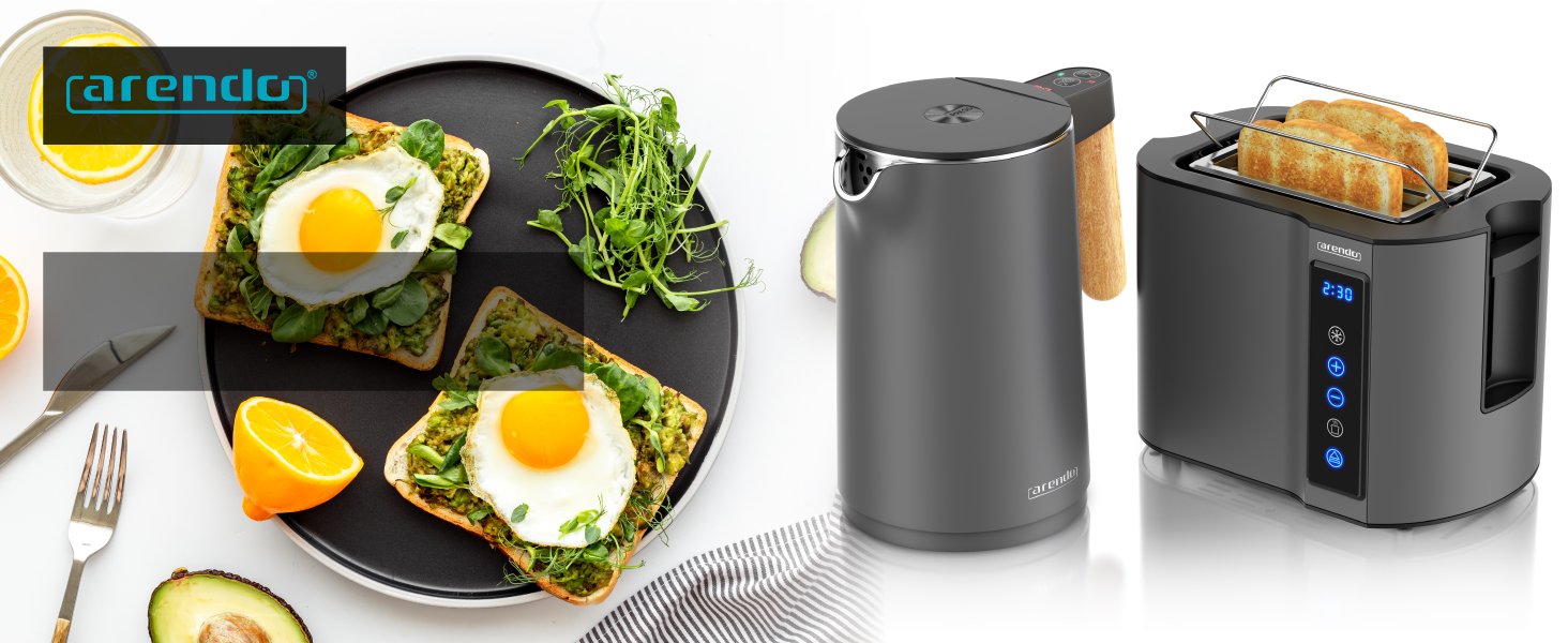Набір Arendo: Електричний чайник з регулюванням температури та тостер з сенсорним дисплеєм (2 слоти) - нержавіюча сталь, сірий