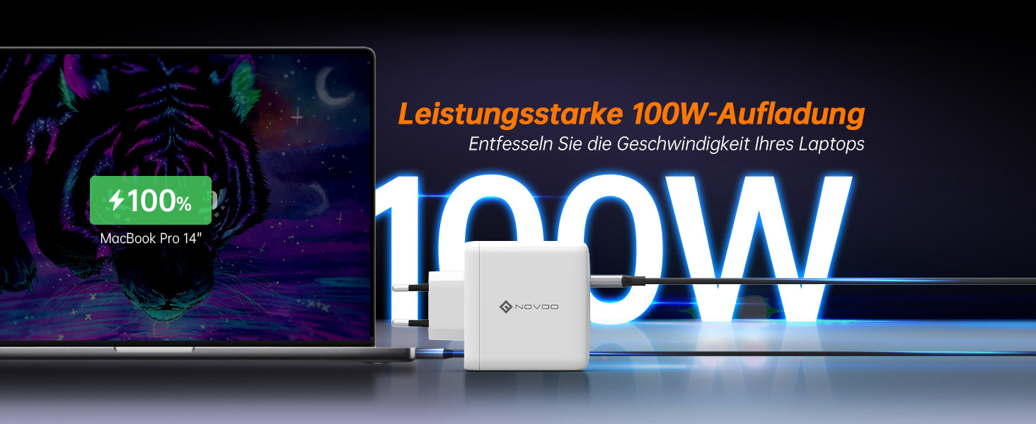 Зарядний пристрій USB-C 120W NOVOO GaN III 3-порти, кабель USB-C PD 100W для MacBook Pro 14