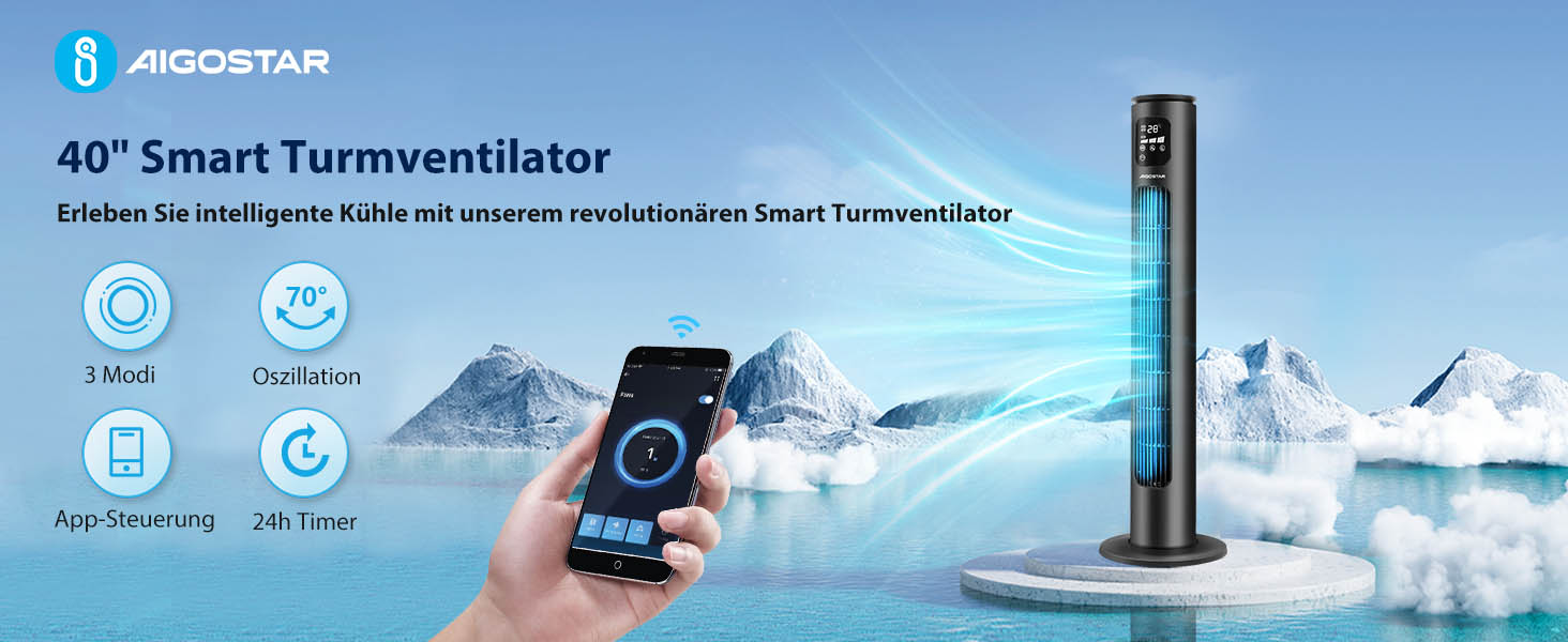 Вентилятор вежний Smart Aigostar 97 см з Wi-Fi, пультом, таймером 24 год, LED-дисплеєм та керуванням Alexa – 2 шт.