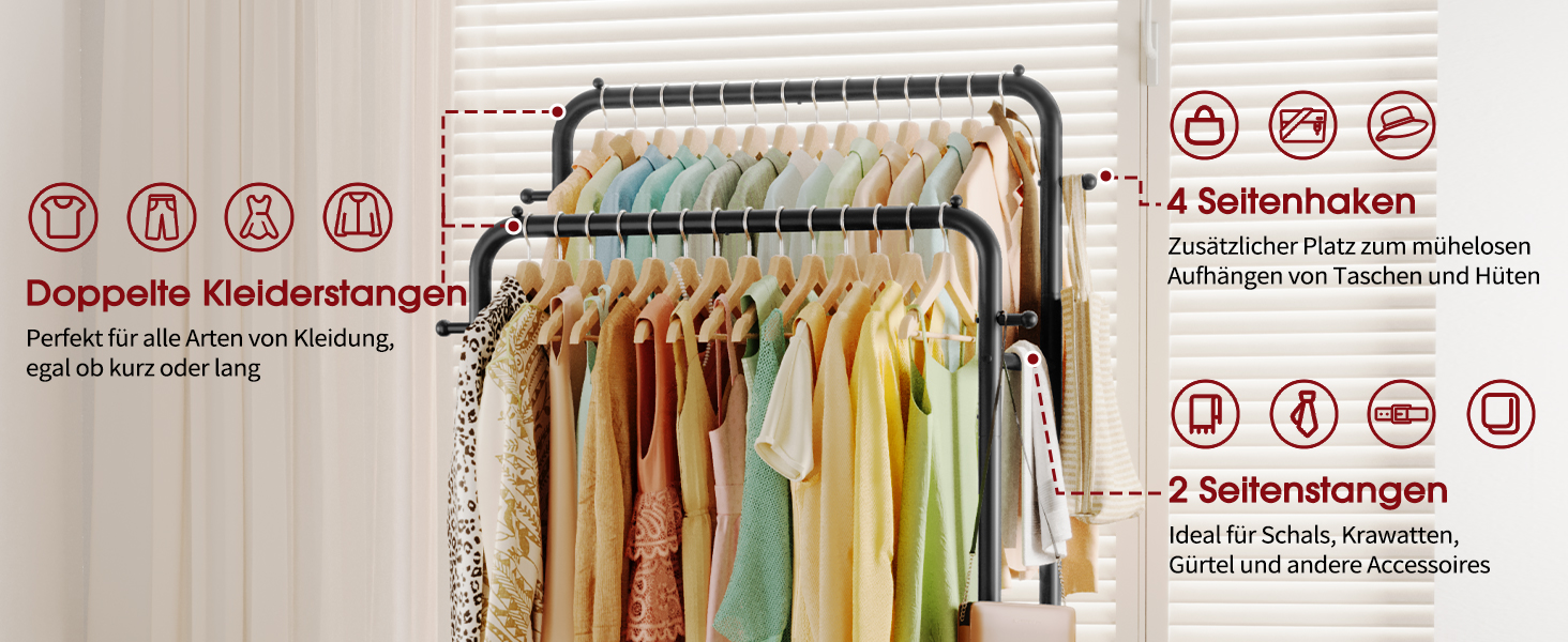 Підвісна штанга для одягу на колесах з сітчастою полицею та гачками, 73 x 42 x 150 см, чорний колір