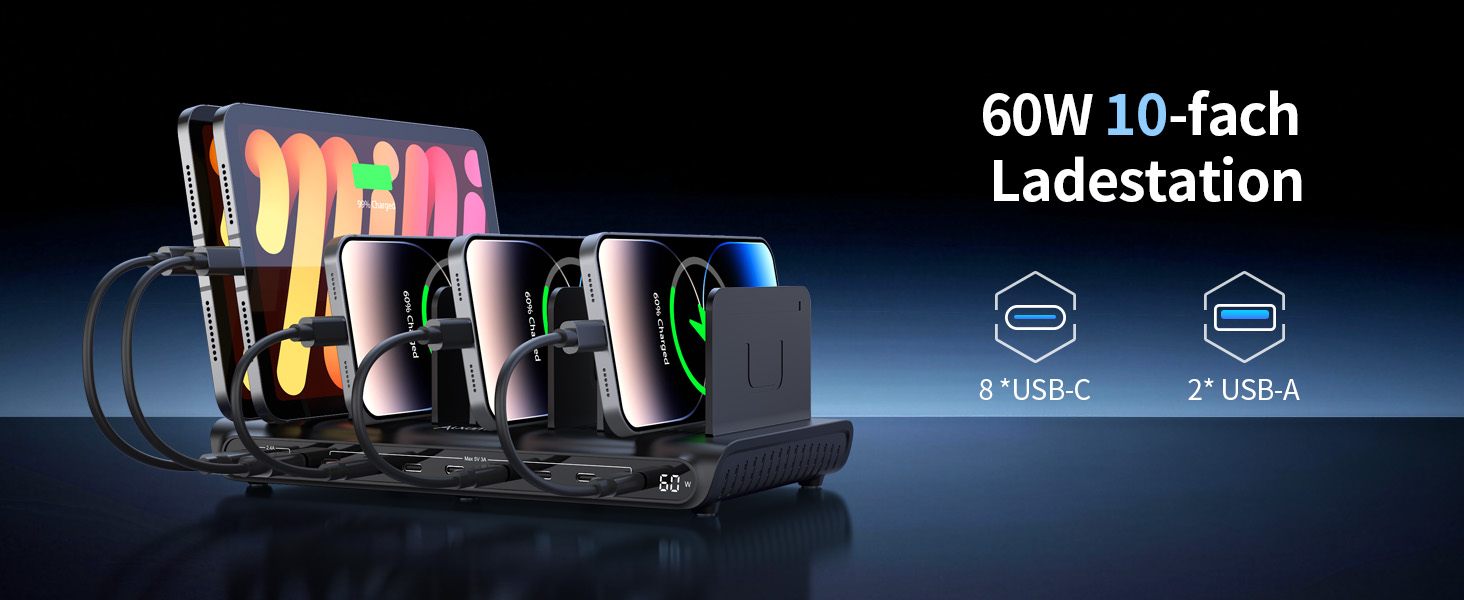Зарядний пристрій Alxum 60W USB багатопортовий на 10 портів (8 USB-C + 2 USB-A) для телефонів, планшетів, Kindle – чорний