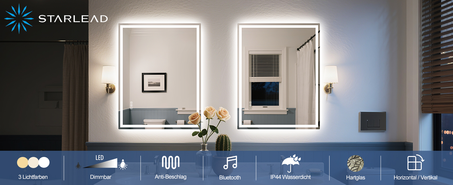 Дзеркало для ванної кімнати зі підсвічуванням STARLEAD 100x70 см з Bluetooth, антизапотівання, регулювання яскравості, 3 кольори світла, пам'ять, IP44, LED, горизонтальне/вертикальне, HD скло, Madrid Silver (M3015)