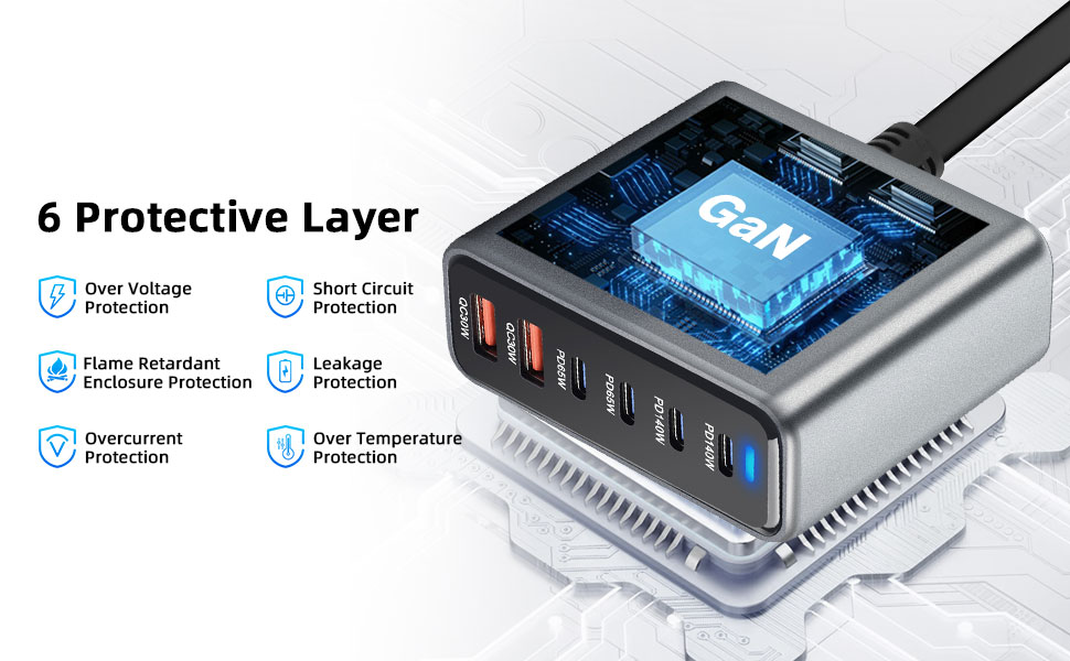 Зарядний пристрій Arceli USB-C 10 портів GaN III 470W PD QC4.0 для iPhone 16/15/14 Pro Max, Samsung Galaxy, MacBook, планшетів, ноутбуків