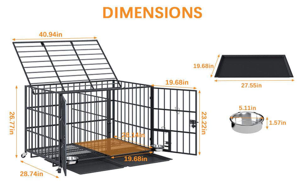 Клітка для собак, переноска для собак з піддоном, клітка-роздільник, клітка-ґратка з 2 дверцятами та піддоном, подвійна клітка 2 в 1 для великих та середніх собак, 107 x 73 x 69 см, чорний L