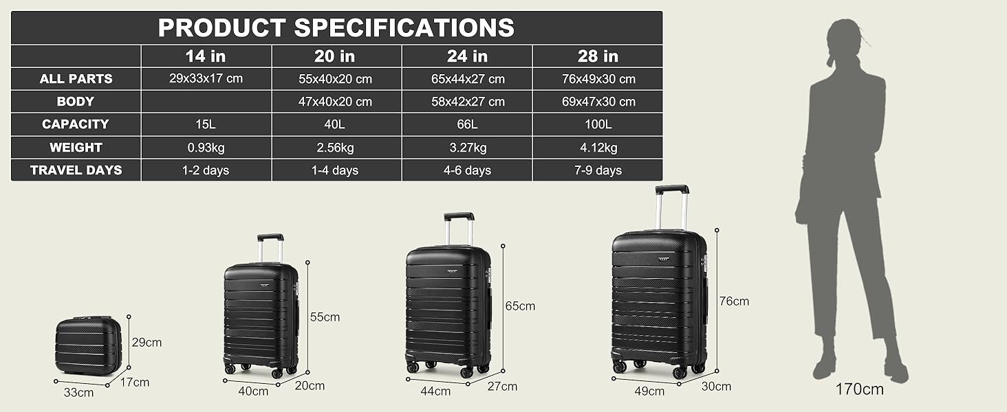 Валіза KONO Zwillingsrollen з TSA-замком, ручний багаж, білий (чорний), 35.6 см