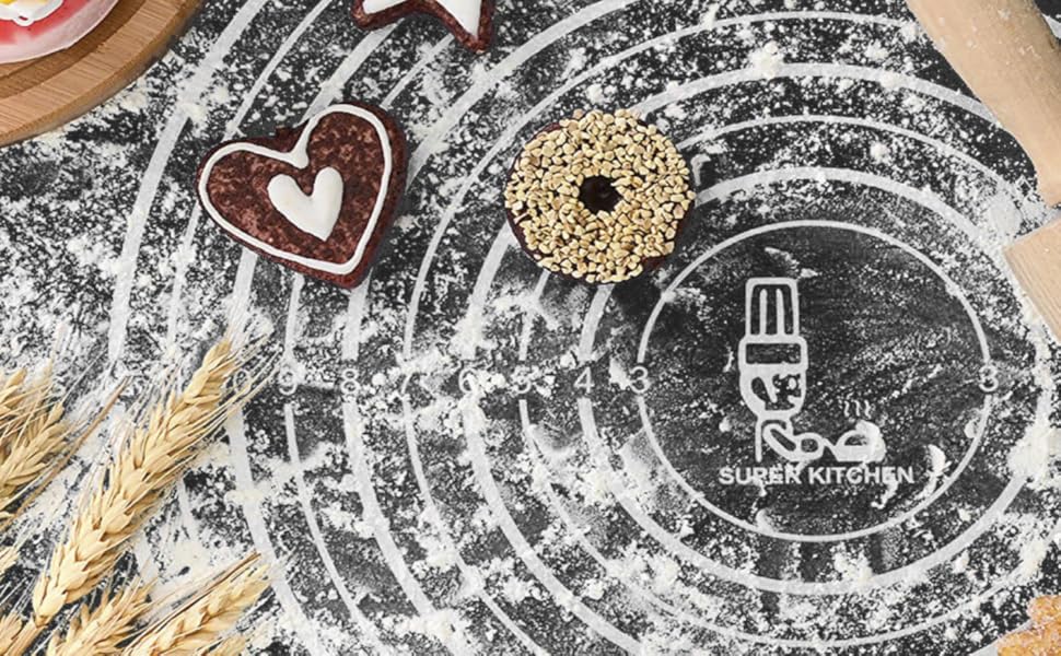 Силіконова антипригарна килимок для розкачування тіста SUPER KITCHEN 80x60 см, з нековзким покриттям і ножем для тіста, чорний, XL, для випічки, мастики, піци, епоксидної смоли