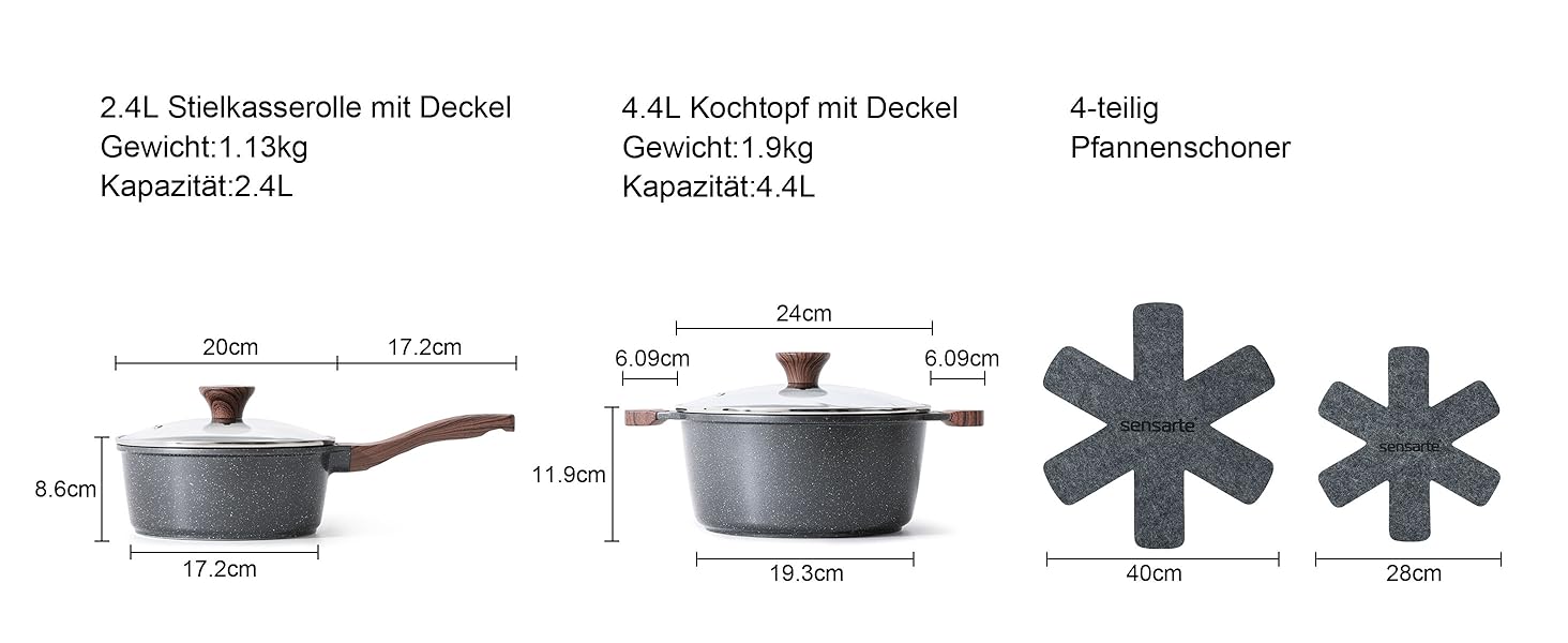 Набір посуду SENSARTE з антипригарним покриттям 13 предметів, гранітний, з кришками та силіконовими інструментами, сірий