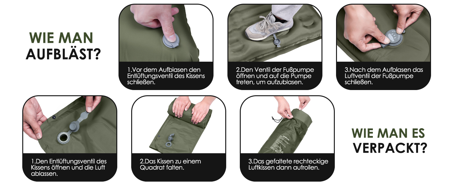 Arlierss Self-Inflating Camping Sleeping Pad with Foot Pump & Pillow - 12cm Thick, Ripstop, Portable, Outdoor, Hiking, Travel, Beach - Army Green