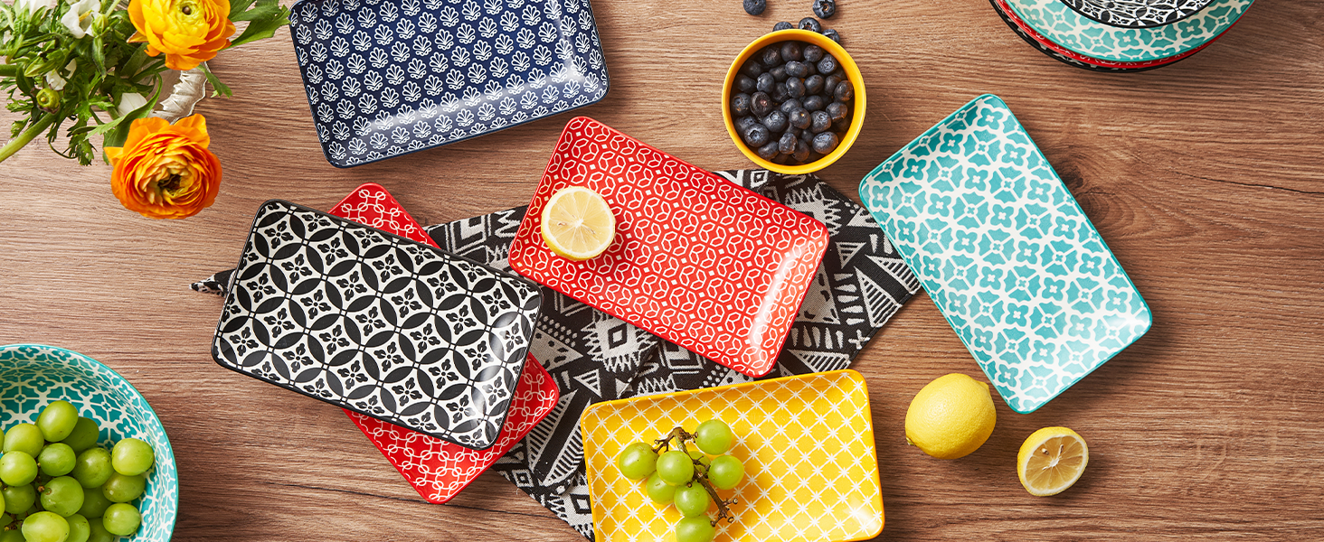 DOWAN Сервірна таця 6-ти місна - Bone China, прямокутна, 20.5 см - для закусок, суші, фруктів, салату, десерту. Можливе використання в мікрохвильовій печі, духовці, миєвій машині. Багатобарвна