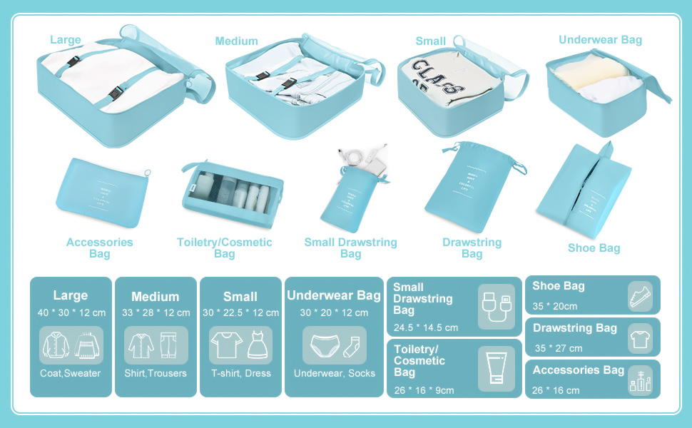 Органайзери для валізи OBSGUMU, набір 9 шт. - Кубики для пакування, косметичка, аксесуари для подорожей (блакитний)