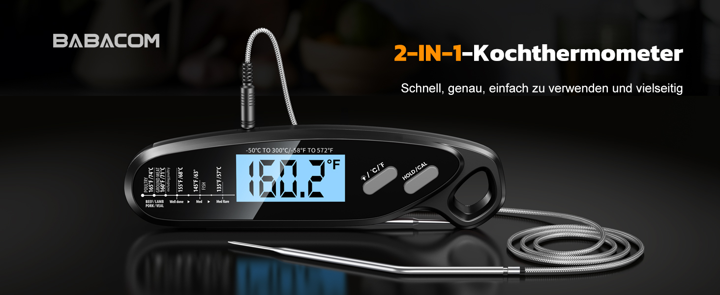 Термометр для м'яса Babacom з миттєвою індикацією та двома зондами, термометр для запікання з налаштуванням тривоги та калібруванням, термометр для гриля для кухні, духовки, цукру, рідин, BBQ, чорний