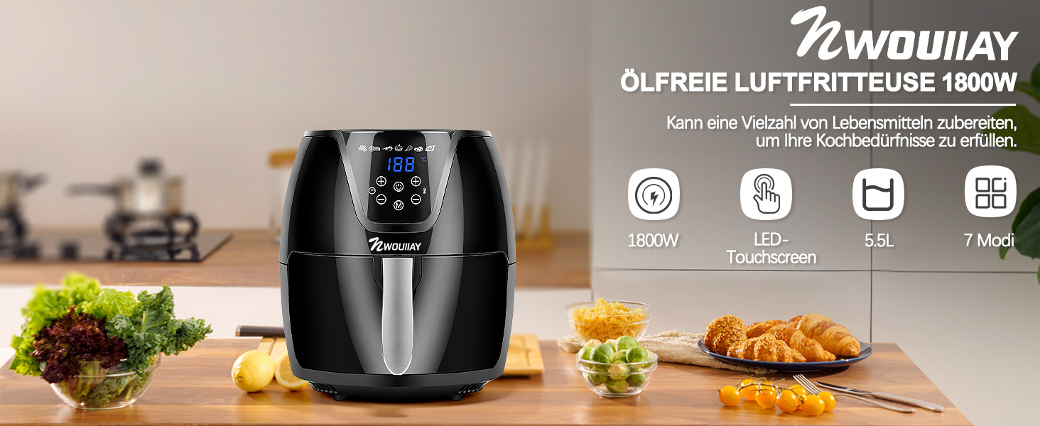 Фритюрниця без олії Air Fryer NWOUIIAY 1800W з LED-touchscreen 5.5L, 7 програм, цифровий дисплей