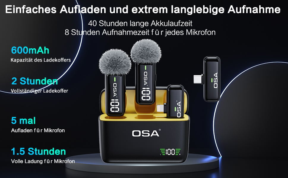 Бездротовий петличний мікрофон OSA: професійний комплект з двома мікрофонами, Plug-and-Play, для iPhone, Android, камери, ПК
