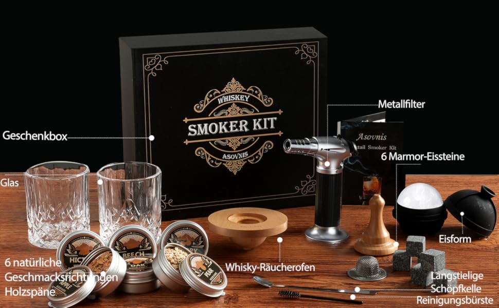 Набір для копчення віскі з факелом: 6 смаків, дерев'яні тріски, 2 склянки, 6 контейнерів для віскі, коктейльний набір для копчення, набір для копчення напоїв, подарунок на день народження для любителів бурбону (без бутану)