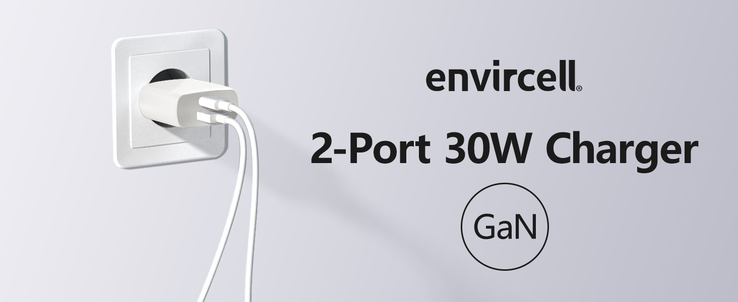 Мережевий адаптер Envircell USB-C 30W GaN з двома портами (USB-C та USB-A), PD 3.0, білий