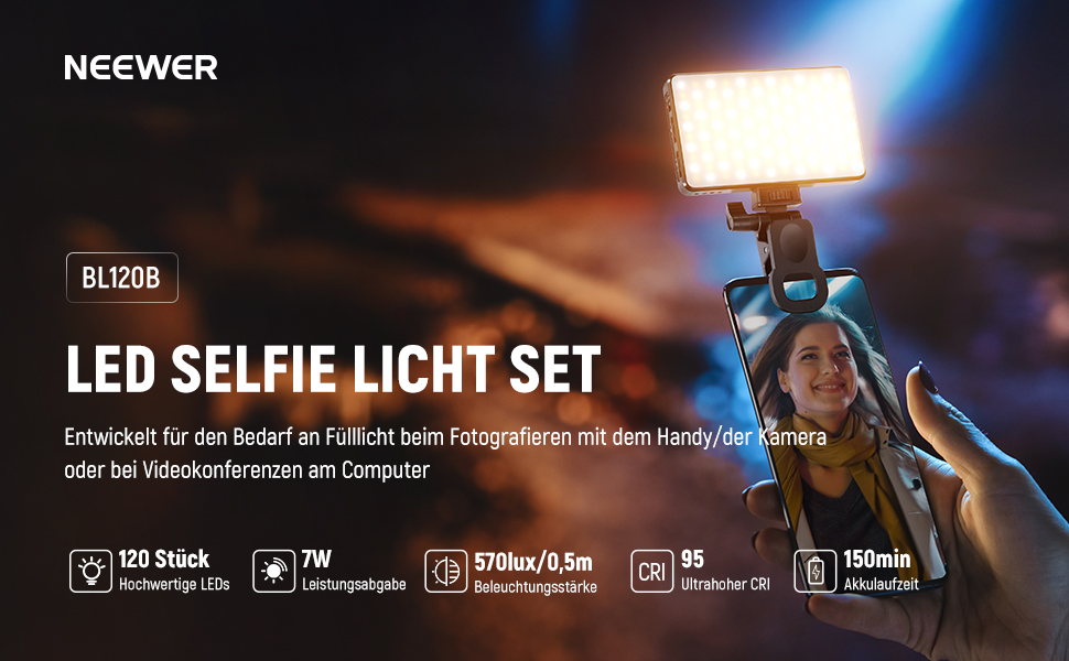 NEEWER LED світло для селфі та татуювань BL120B - сумісне з iPhone, з кліпсою, CPL фільтром, штативом та тримачем для телефону, для фото та відео