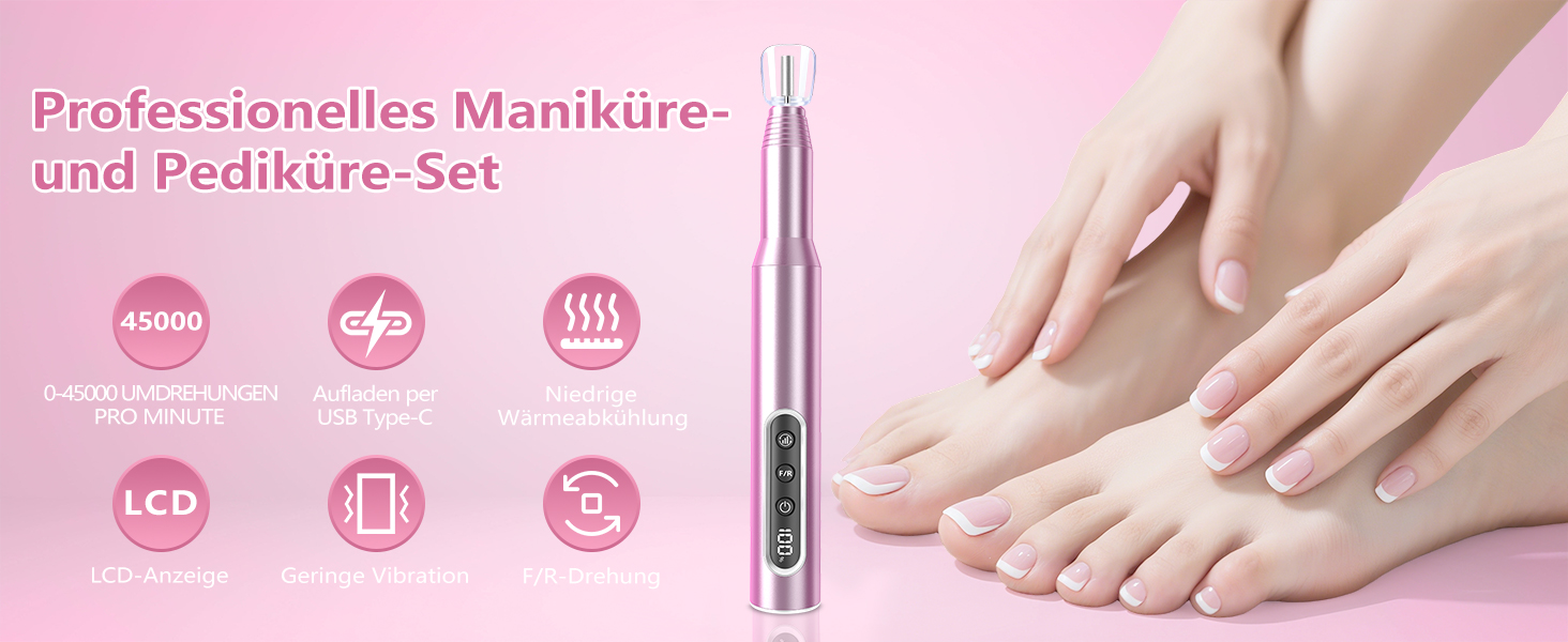 Електричний фрезер для нігтів Nagelfräser 45.000 об/хв - 14 в 1 для гелю, акрилу, манікюру та педикюру, 6 швидкостей, акумуляторний, рожеве золото