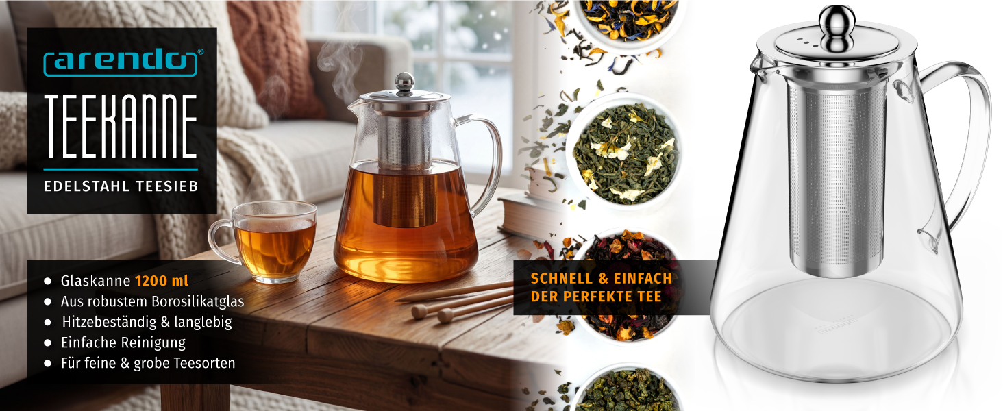 Чайник скляний Arendo з ситом 1200 мл – з боросилікатного скла, нержавіюча сталь, сито дрібного плетіння, термостійкий, для листового чаю, трав'яного чаю, фруктового чаю, чайник-заварник, довговічний