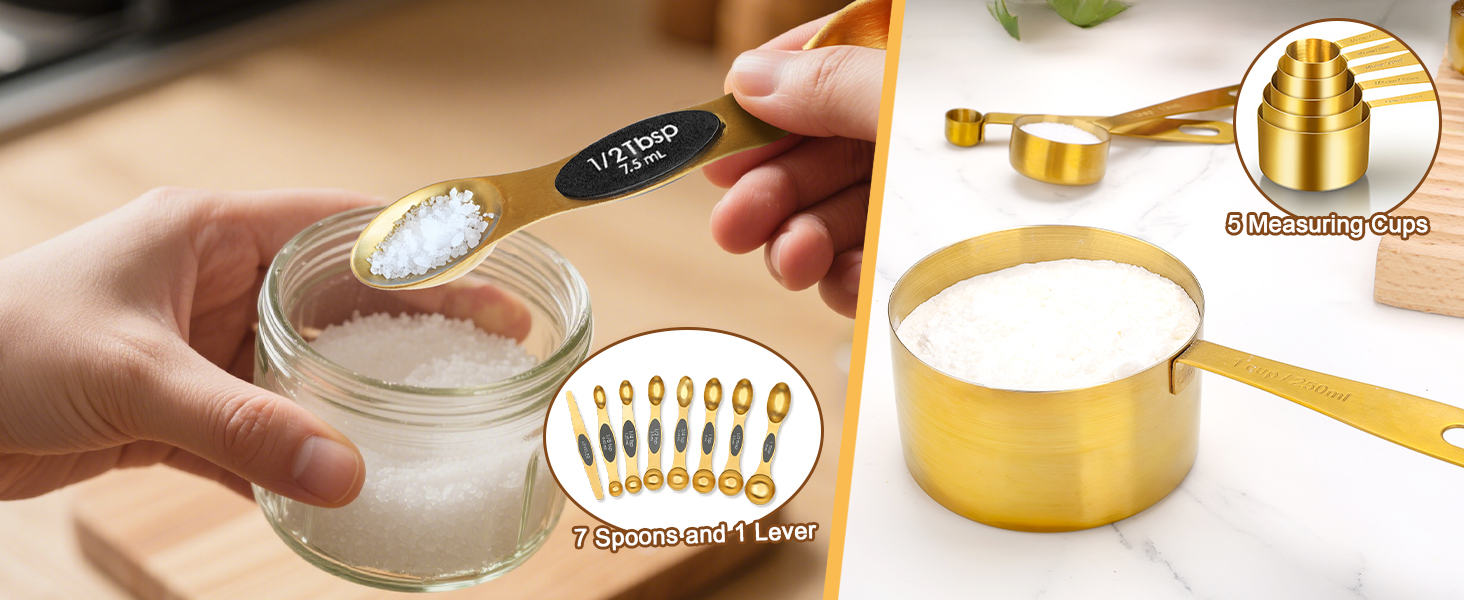 Набір мірних стаканів та ложок Cuteefun Gold, 13 предметів: 5 стаканів, 8 магнітних ложок, нержавіюча сталь для вимірювання сухих та рідких інгредієнтів для випічки та приготування їжі