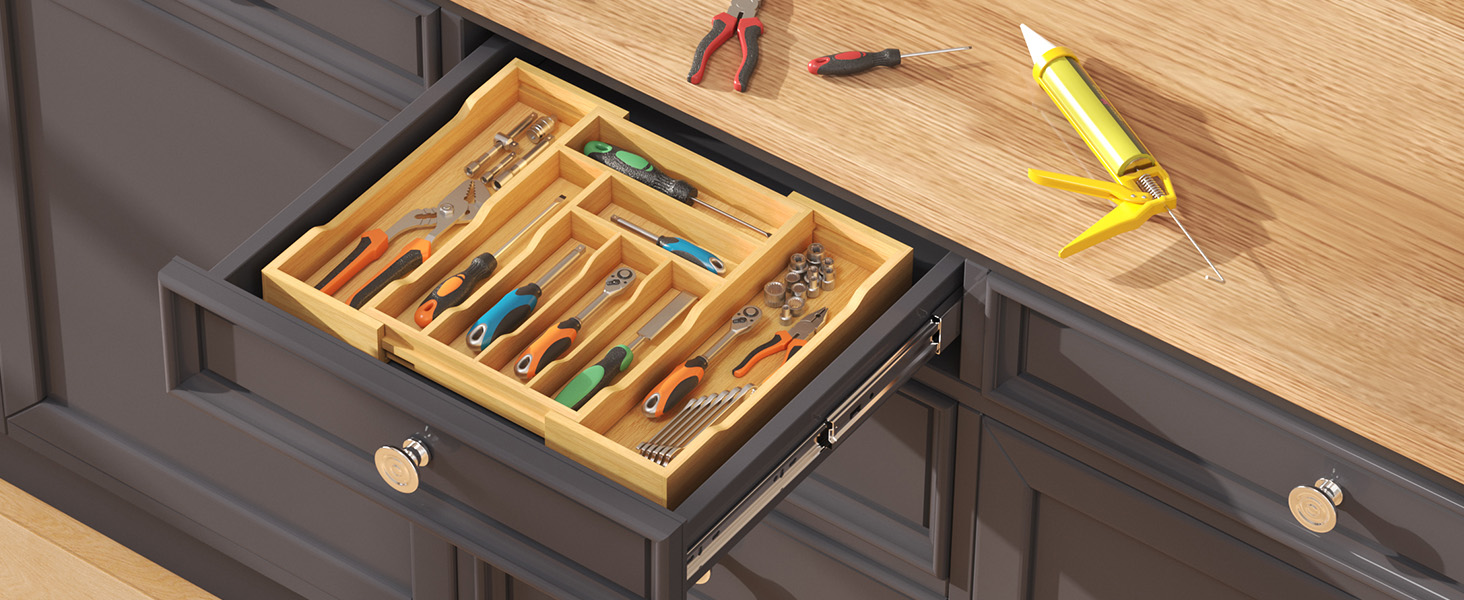 Органайзер для столових приборів Lifewit в шухляду, бамбуковий, 38 см (27-46 см) - розсувний лоток для кухні