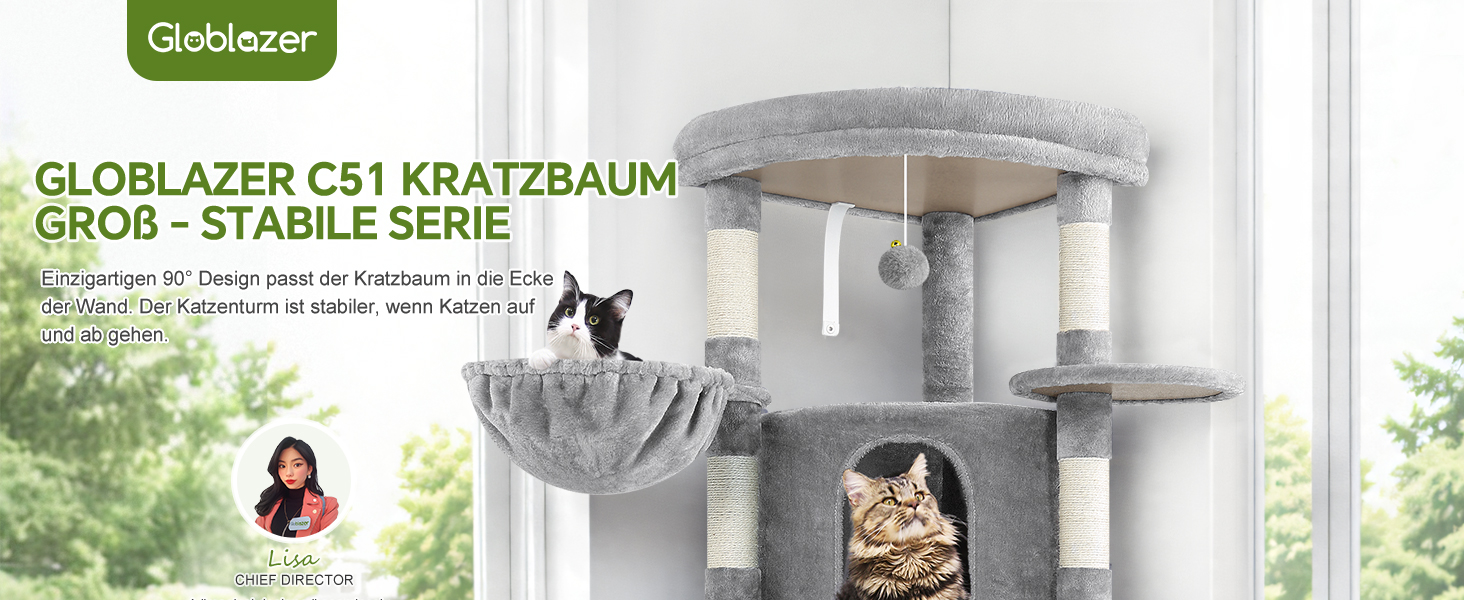 Котячий будиночок Globlazer з когтеточкою, великий, стабільний, кутовий, з великим котячим будинком, гамаком, м'яким кошиком, когтеточкою 130 см для великих котів (C51, світло-сірий) XL світло-сірий
