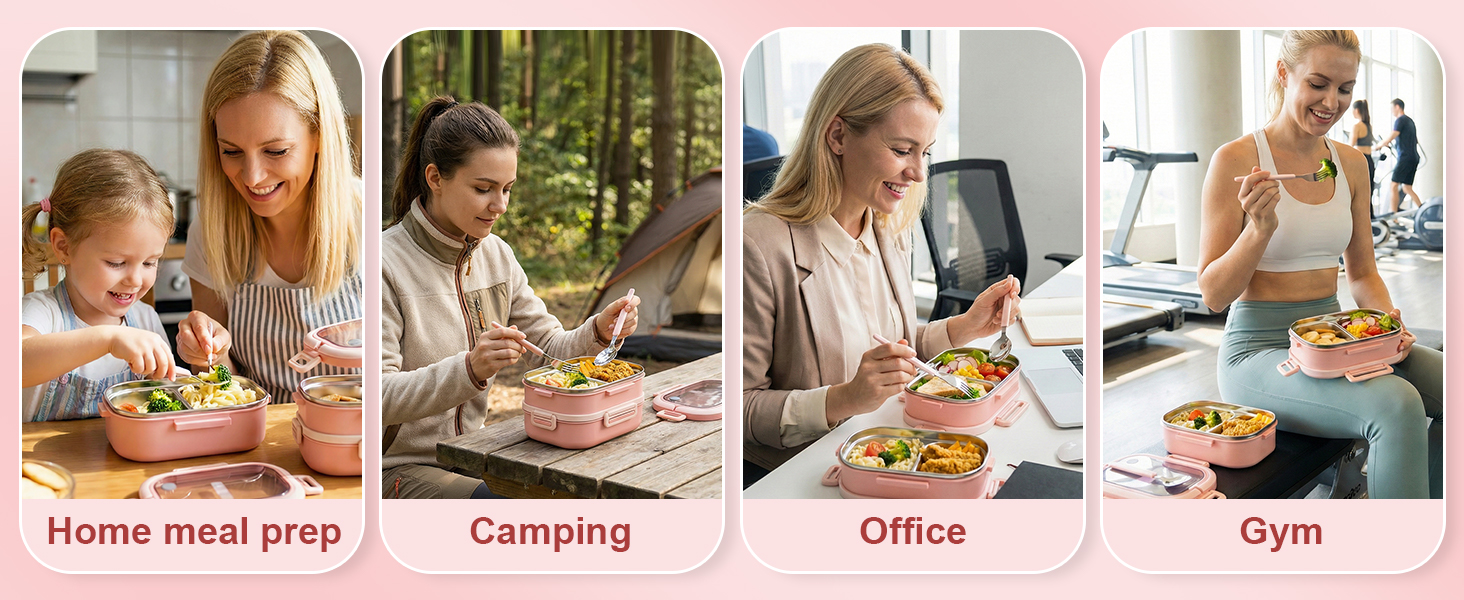 Ланчбокс Lille Home з 2 ярусами, 4 відділення, 1650 мл, з посудом, BPA-free, не протікає (Зелений) (Рожевий)