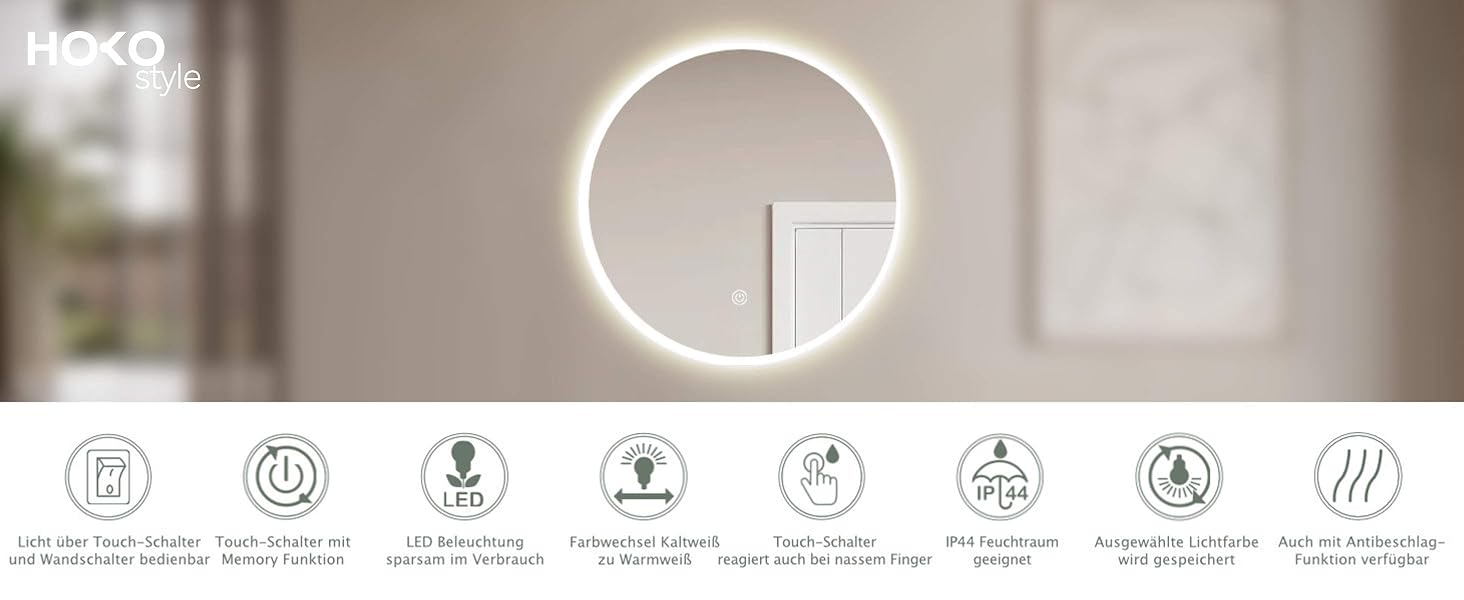 Круглий настінний дзеркало HOKO 60см з LED підсвічуванням, сенсорне управління, пам'ять, регулювання світла 2700-6500K (тепле/холодне/нейтральне), 60x60 см, срібло