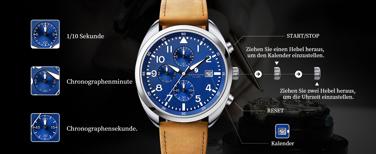 Чоловічий годинник SAPPHERO: кварцовий, аналоговий, з шкіряним ремінцем. Класичний бізнес-годинник, водостійкий (50 м), з арабськими цифрами, хронограф, чорний колір. Модель 2215