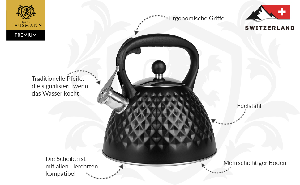 Чайник Karl Hausmann 3L з автоматичним свистком - чорний, з нержавіючої сталі, для індукційних, газових та електричних плит