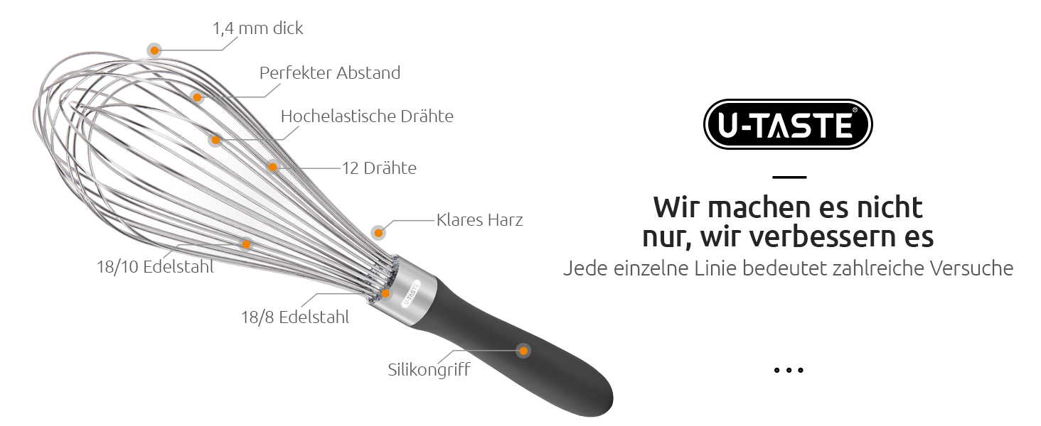 Міксер кухонний U-Taste, 30 см, з нержавіючої сталі 18/10, 12 гнучких дротів, силіконовий ручка, для тіста та соусів (Чорний)