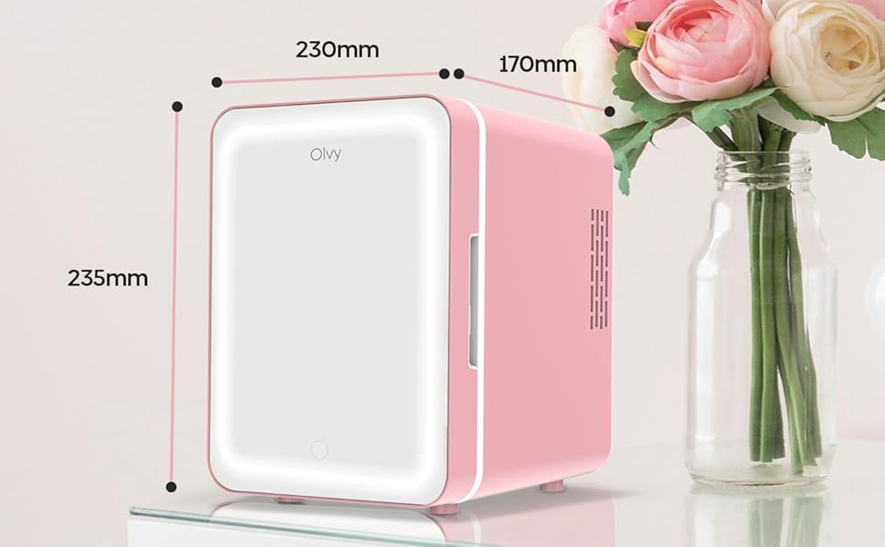 Olvy Skincare Fridge - 4 Liter Mini Fridge with LED Mirror - Portable Beauty Fridge, Cooling & Heating for Room Use (Pink)