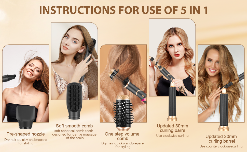 Airstyler 6 в 1: Фен-щітка для волосся Bürste Set, 5 насадок для сушки, випрямлення, локонів, об'єму та догляду. Підходить для всіх типів волосся