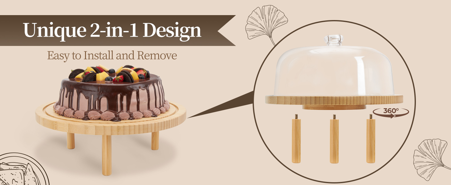 Підставка для тортів Ohuhu з бамбука 2-в-1 з кришкою, обертова тарка для тортів з 3 знімними ніжками та акриловою кришкою для випічки, декорування та святкування, чудовий подарунок для жінок