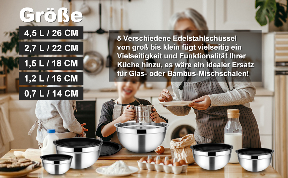 Набір мисок Homikit, 5 шт. з нержавіючої сталі з кришками, 4.5L/2.7L/1.5L/1.2L/0.7L (Чорний)