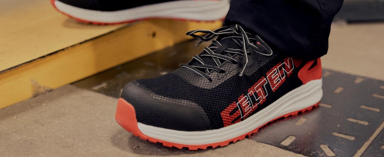 Робочі черевики ELTEN MAVERICK чорно-червоні Mid ESD S3, чоловічі та жіночі, шкіряні, з металевим носком, легкі, спортивні, розмір 40 EU