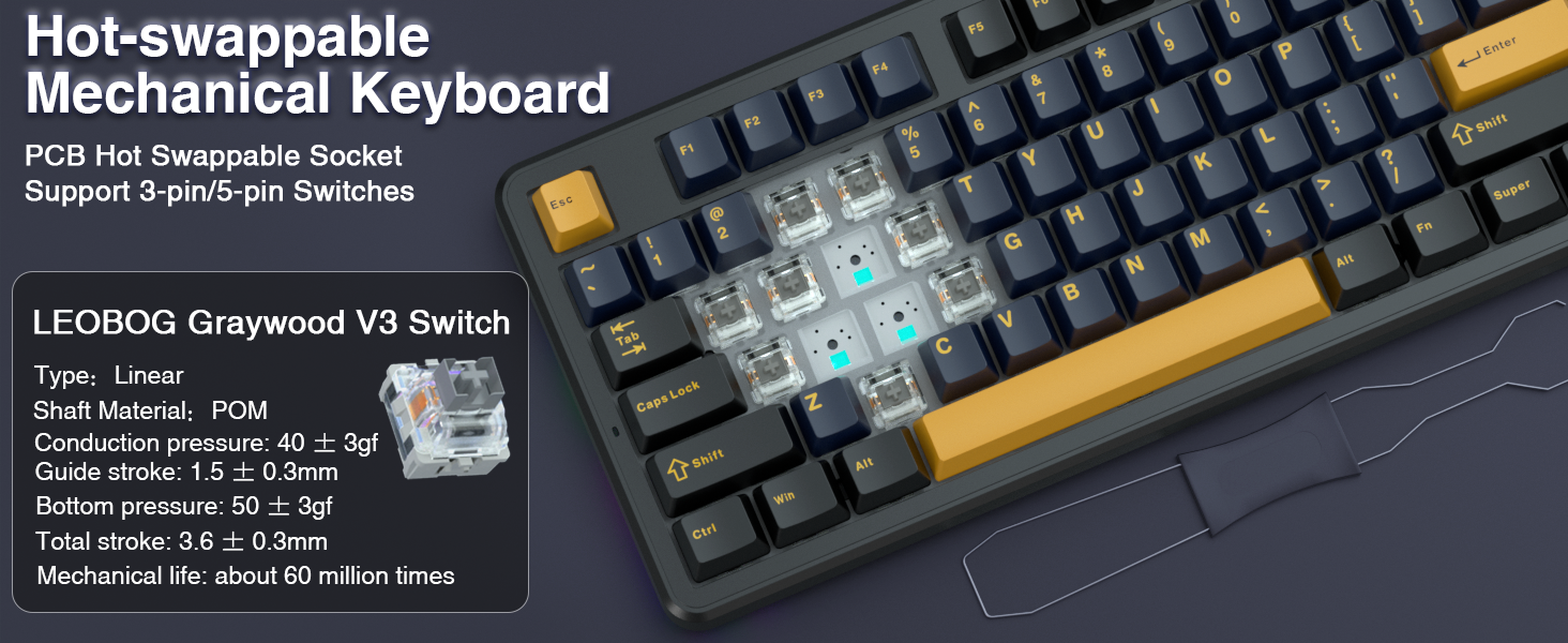 Ігрова механічна клавіатура AULA F87: бездротовий TKL, RGB, Hot-Swap, QWERTY, підтримка Bluetooth 5.0, п'ятишарове демпфування
