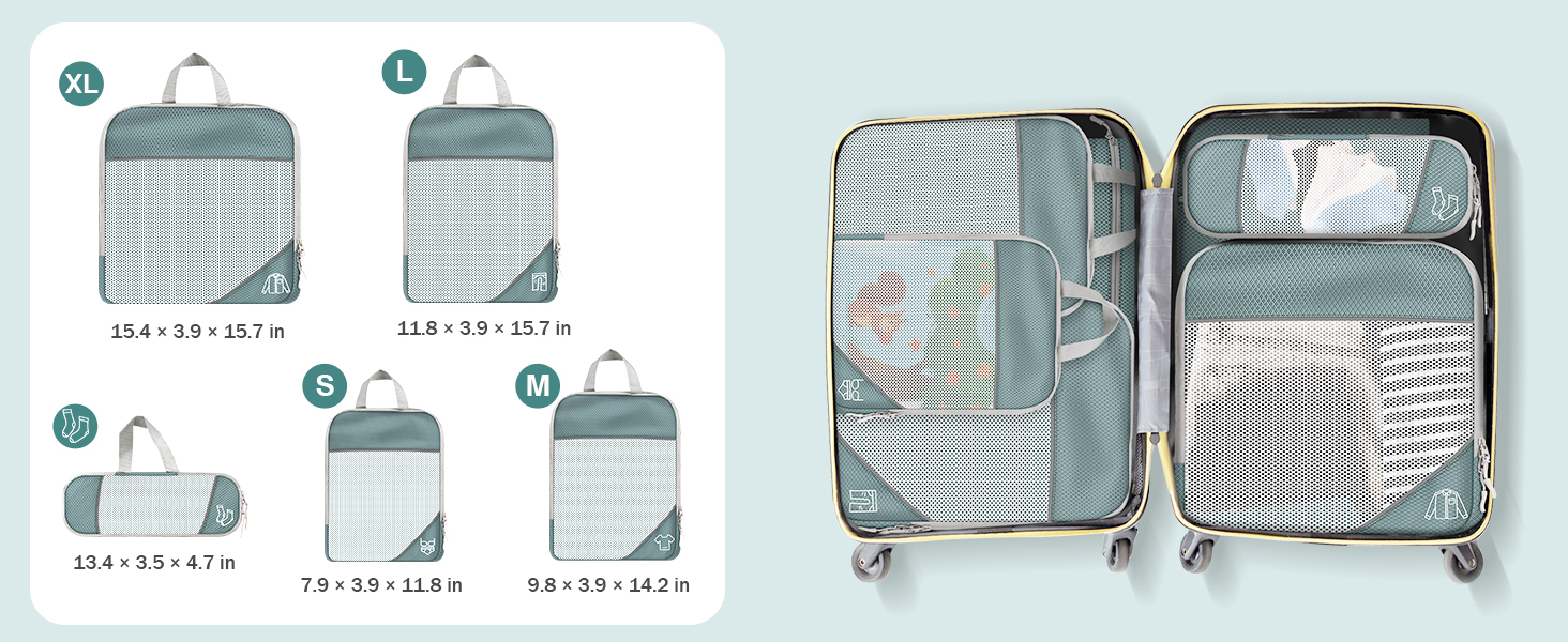 Органайзер для валізи, набір Packing Cubes (9 шт.) з компресією та чохлом для взуття, сірий. Водонепроникні та дихаючі кишені для подорожей та переїзду.