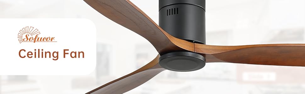 Стеляний вентилятор Sofucor з пультом керування, дерев'яний вентилятор з 3 лопатями, 132 см, тихий, 6 швидкостей, таймер, DC двигун, режим літо/зима для спальні без освітлення + монтаж врізний, темне дерево