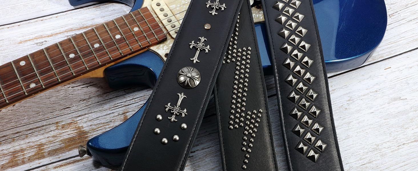 Гітарний ремінь Nefelibata з повном'якої шкіри, з підкладкою з піни, з срібними заклепками, для електро-, акустичної та бас-гітари (2,5' ширини, карбон-чорний), з хрестом