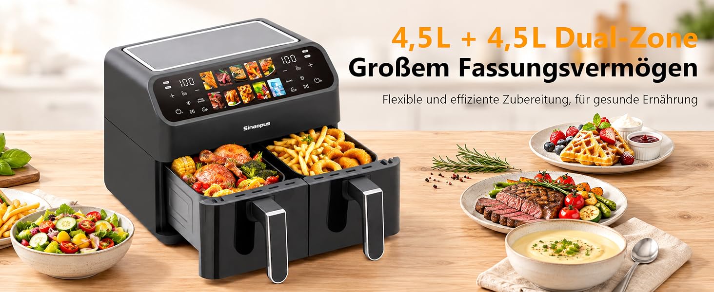 Аерофритюрниця Air Fryer 9л 2000 Вт, двокамерна фритюрниця з гарячим повітрям та термоізольованими ручками, чорна (901-schwarz)