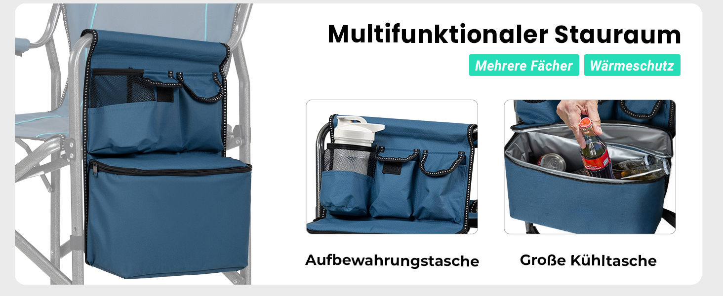 Кемпінговий стілець OVERMONT складний з бічним столиком та охолоджувальною сумкою, до 180 кг - блакитно-сірий