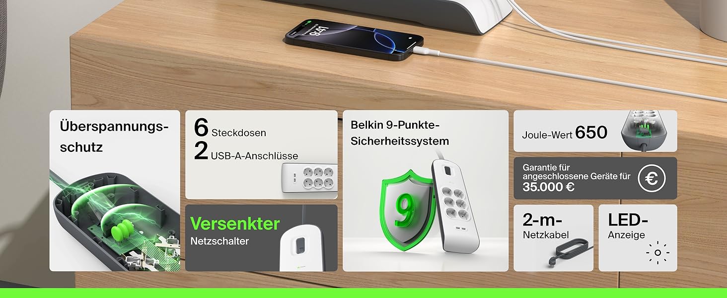 Мережевий фільтр Belkin з USB, 8 розеток, 2.4A, 2м кабель, для дому та офісу