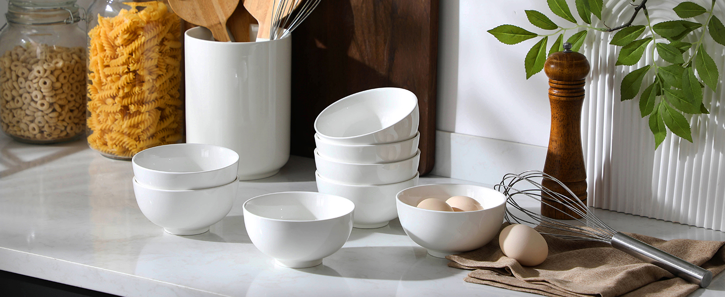MALACASA Набір з 8 порцелянових мисок для мюслі та супу, 420 мл, кремово-білий, 12.8x12.8x6.5 см