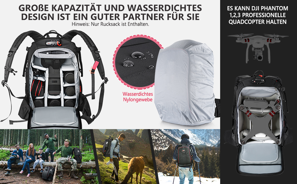 Рюкзак для камери NEEWER Pro водонепроникний, ударостійкий, з регулюванням, з м'якою підкладкою, з захистом від крадіжки, з кодовим замком, сумісний з DJI Drone, DSLR, штативами, спалахами, об'єктивами та іншим аксесуаром, 34x26x52 см, чорний