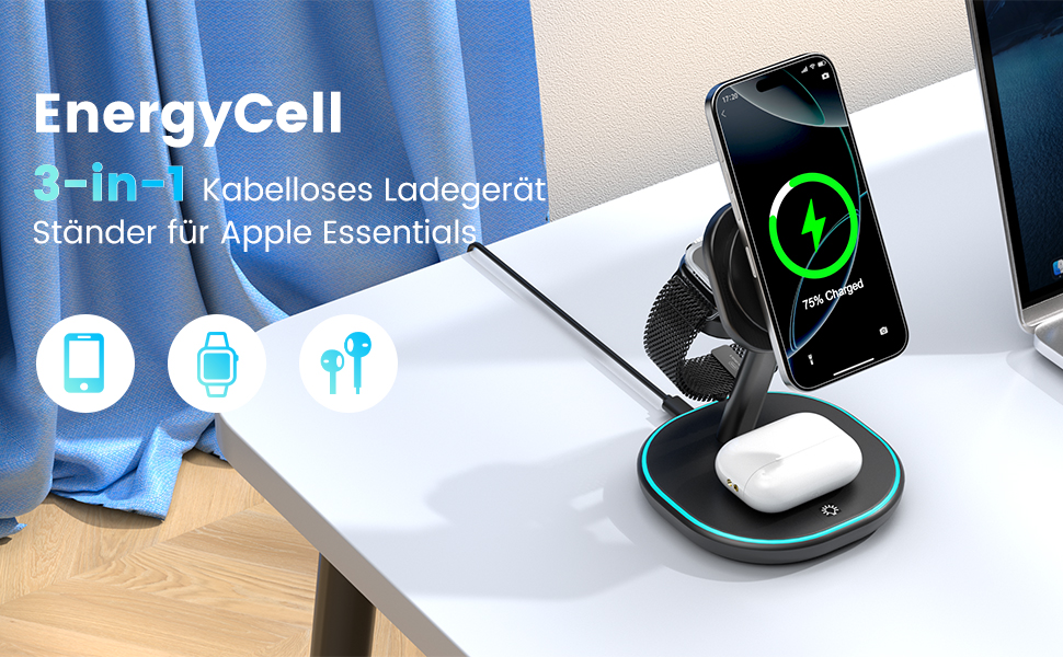 3-в-1 Зарядний пристрій MagSafe, 15W Швидка Бездротова Зарядка, Індукційна Зарядка для iPhone 16/15/14/13/12, Розумний годинник, AirPods Pro/2/3 - Чорний